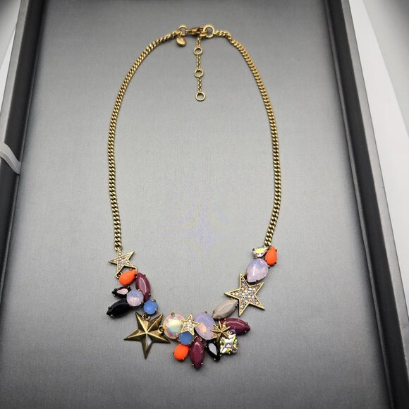 J Crew Fruit Salad AB Crystals Acrylic Gems w/ Stars Necklace 18" Gold Plated - Picture 7 of 7